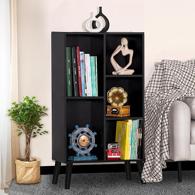 YAHARBO Small Black Narrow Bookshelf,3 Tier Modern Bookcase with Legs,Bookshelves Wood Storage Shelf,Rustic Book Shelves Cube Organizer,Display Bookcase
