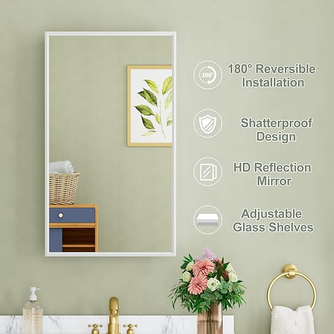 Buruis 14"x 24" Framed Medicine Cabinet with Mirror, Recessed or Wall Mounted Bathroom Cabinet, Adjustable Tempered Glass Shelves, Left/Right Open Reversible, No Assembly Required, White