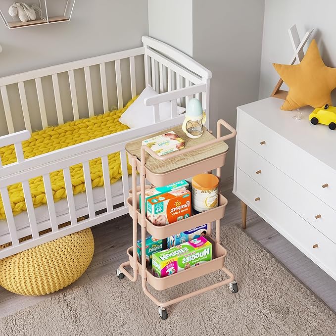 DTK 3 Tier Rolling Utility Cart with Cover Top Board, Movable Kitchen Storage Cart Trolley with Lockable Wheels, Cups, Hooks for Kitchen Bathroom Home Office Art Craft Storage and Organization(Pink)