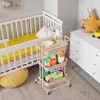 DTK 3 Tier Rolling Utility Cart with Cover Top Board, Movable Kitchen Storage Cart Trolley with Lockable Wheels, Cups, Hooks for Kitchen Bathroom Home Office Art Craft Storage and Organization(Pink)