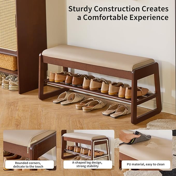 Shoe Rack Bench with Cushion, 2 Tiers Wood Shoe Bench with Flip-Top Storage,39.37in Shoe Rack for Entryway,Hallway,Walnut Color YD-WD062B