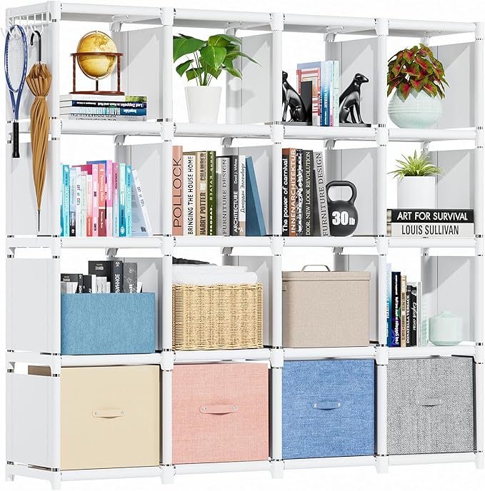 Mavivegue Book Shelf, 16 Cube Storage Organizer, Metal Cube Bookshelf, DIY Bookcase, Tall Book case for Bedroom, Living Room, Office -White