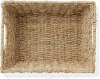 Casafield Set of 4 Seagrass Storage Baskets with Handles - Natural, Woven Rectangular Storage Bins for Shelves, Blankets, Laundry Organization