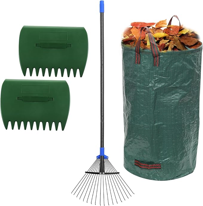 Adjustable Leaf Rake Set, Metal Garden Rake for Leaves with 32 Gallon Lawn and Leaf Bags & Leaf Scoops, Adult Kids Lawn Shrub Yard Landscape Rake with Expandable Head 8-17" Long Handle 30-60"