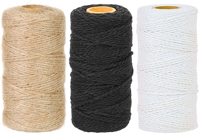 Cotton Twine Natural Jute 2mm Packing 984 Feet Bakers Kraft Butchers Baking Gardening Twine for Gift Wrapping Arts Crafts Party Decorations(Brown Black White)