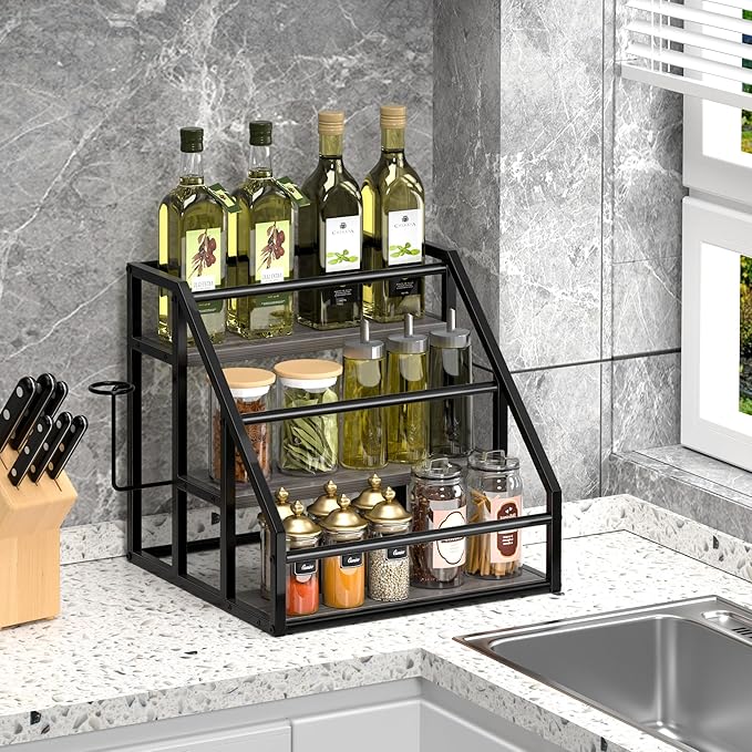 Coffee Syrup Rack Organizer, Spice Racks, Syrup Bottle Holder Stand for Coffee Bar, 3-Tier 12 Bottles Storage Shelves for Syrup, Wine, Dressing for Kitchen Countertop, Grey