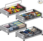 Tututry Under Bed Storage with Wheels, XXL 60L Under the Bed Storage Bins, Underbed Storage Containers with Lids & Label, Rolling Metal Drawer for Shoes, Clothes, Books, Toys (4-Pack Gray)
