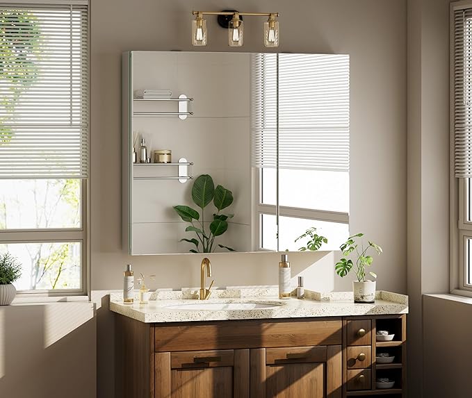 Bathroom Medicine Cabinet Mirror with Storage, 36 Inch x 26 Inch Silver Medicine Cabinet with Double Door & Adjustable Shelves for Vanity, Aluminum Surface, Wall-Mount or Recessed