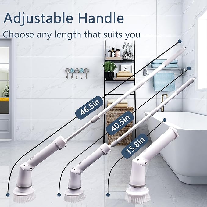 Electric Spin Scrubber,Cordless Power Cleaning Brush with 6 Brush Heads-Dual Speed,IPX7 Waterproof Adjustable Extension Handle,Bathroom Shower Scrubber for Grout,Tile,Tub, Floor,Car
