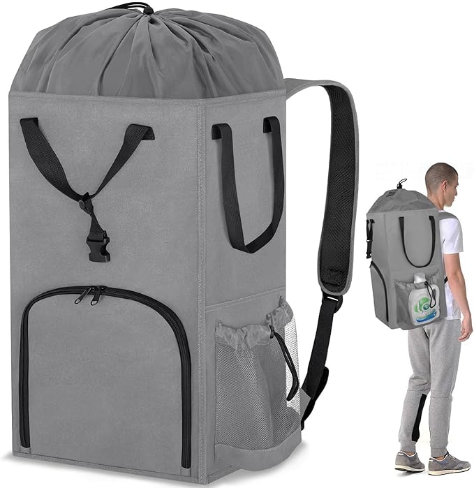 110L Backpack Laundry Bag, Laundry Backpack Heavy Duty with Shoulder Straps, Collapsible and Mesh Pocket Back to School Supplies Hamper Bag for College, Travel, Laundromat, Apartment Grey