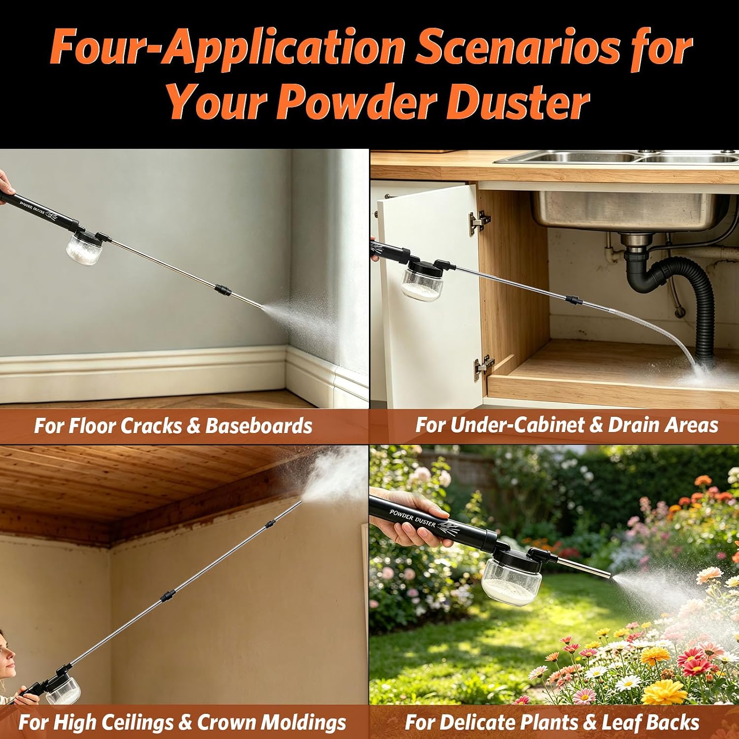 Diatomaceous Earth Powder Duster, 4.6 FT Adjustable Length Pump Applicator with Adjustable Powder Flow, Portable Dispenser & Sprayer for DE Dust Application