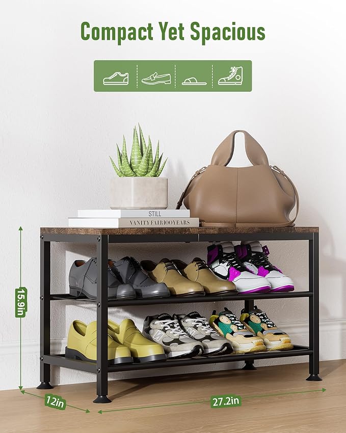 3-Tier Shoe Rack Bench - Entryway Organizer with Shoe Storage, Sturdy Shoe Shelf for Front Door, Small Space Saving Furniture, Brown, 27.2" x 12.0" x 15.9"