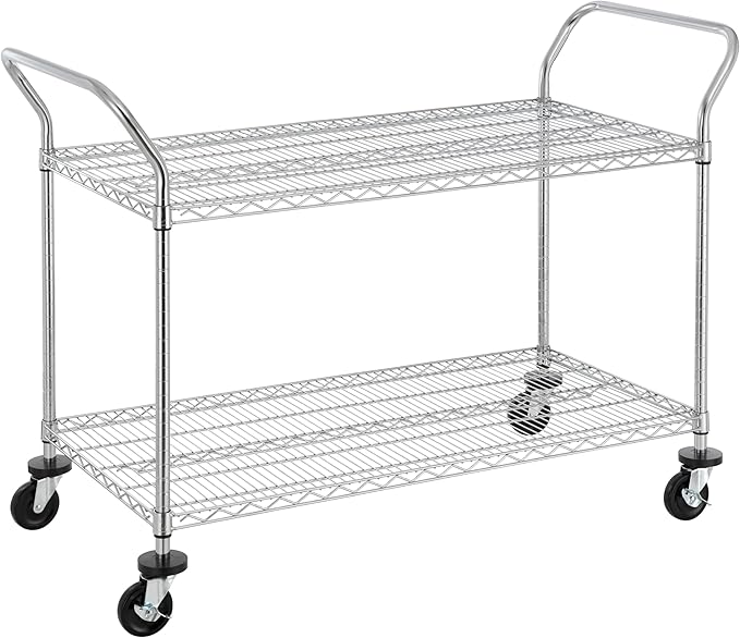 Finnhomy 2-Tier Commercial Grade Rolling Cart, Heavy Duty Utility Cart, Carts with Wheels and Handles, Kitchen Cart on Wheels, Metal Serving Cart with 700 lbs Capacity, Shelf Size 24" D x 48" W, NSF