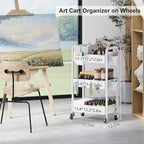 3 Tier Rolling Cart with Wheels, Metal Utility Storage Cart on Wheels, Craft Carts Organizer with Hanging Cups, Hooks, Three Tiered Rolling Carts for Bathroom, Laundry Room, Nursery, Office, White