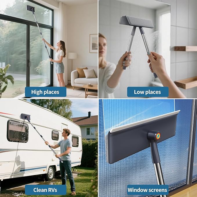 60" Window Squeegee Cleaner Tool for Home - 3 in 1 Rotatable Window Cleaning Kit, Washing Tool for Indoor/Outdoor Glass, Mirrors, Shower Windshield with 4 Poles, 3 Microfiber Cloths & Screen Brush