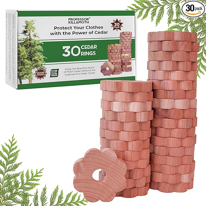 Professor Killamoth 30 Cedar Rings for Clothes Storage - Stop Clothes Damage - 30 Fresh Cedar Rings to Protect Your Clothes