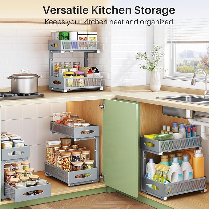 Under Sink Organizer, 2 Pack 2 Tier Pull out Cabinet Organizer Baskets with Mesh Sliding Drawers, Slide out Sink Storage Shelves for Home, Kitchen, Bathroom, Pantry, Office Organizers and Storag,Grey