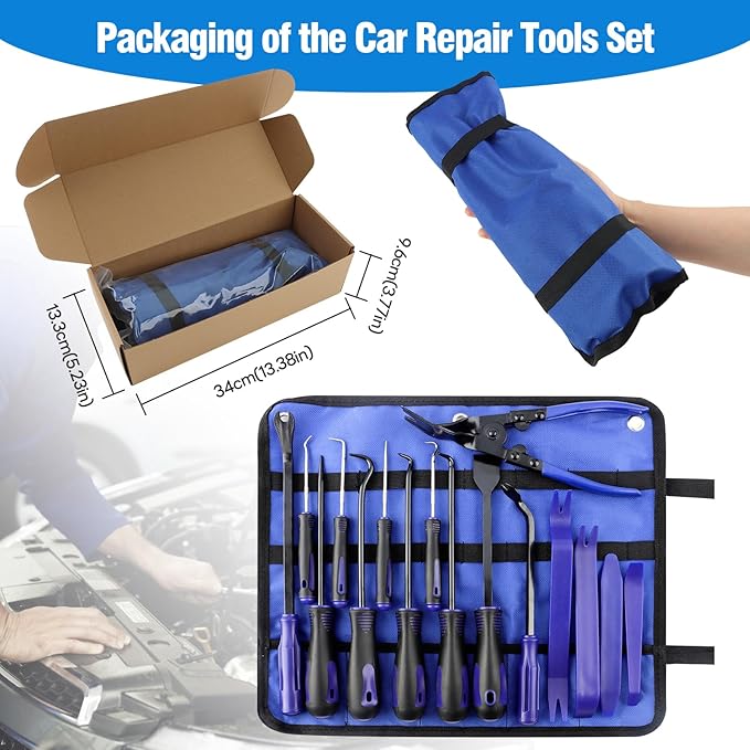 16-Piece Automotive Tool Kit with Storage Bag- Oil Seal Hook Set, Clip Remover, Gasket Scraper & Pry Tools, Includes Work Gloves for Car Repair & Mechanical Maintenance (Blue)