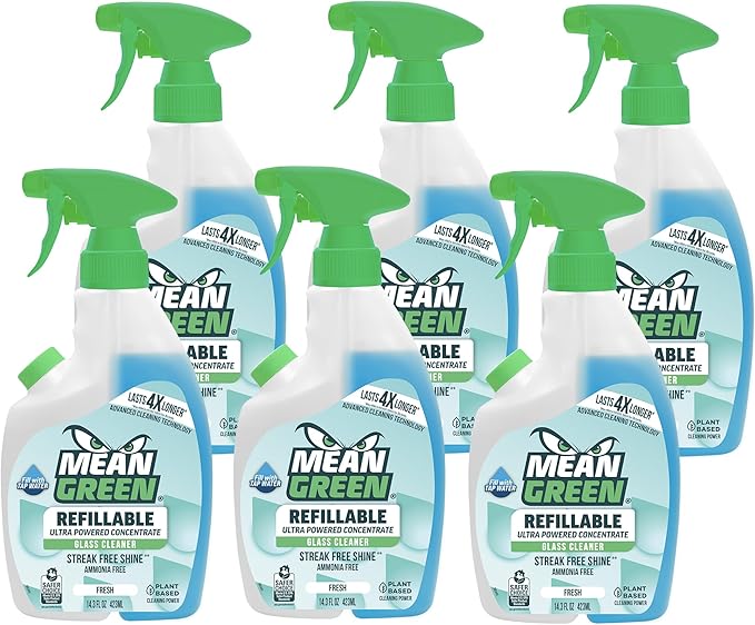 Mean Green Refillable Ultra Powered CONCENTRATE Glass Cleaner, Fresh, 14.3 Ounce, 6 Pack