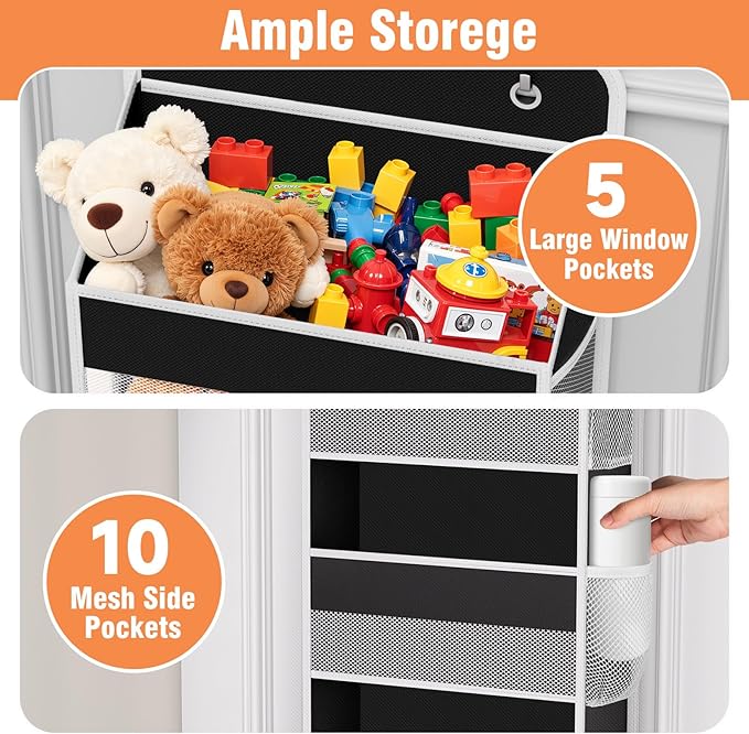 WISELIFE Over The Door Organizer - 5 Shelves Large Capacity Hanging Bedroom Storage Solution with Side Pockets for Dorm Bathroom Pantry Nursery and Baby Essentials Holds up to 40 Lbs (Black)