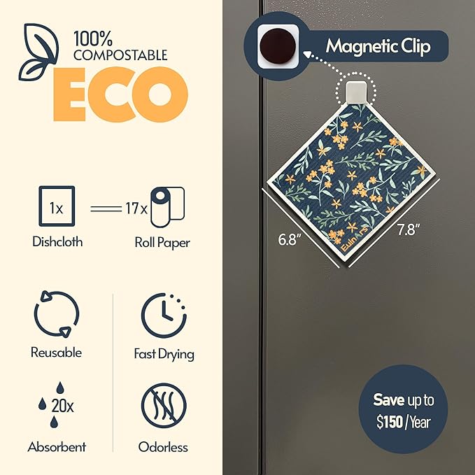 Reusable Paper Towels, Swedish Dishcloths for Kitchen 8-Pack, Non-Scratch Swedish Dish Towels, Super Absorbent Cellulose Dish Cloths, Eco Friendly Gifts