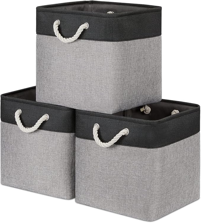 Bidtakay Fabric Cube Storage Bins for Organizing 13x13 Large Storage Baskets Decorative Storage Bins for Home Storage Set of 3 Shelf Organizer Bins for Toy Storage (Black&grey)