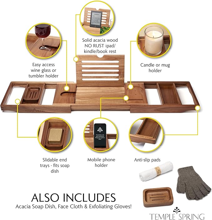 Temple Spring Wooden Bathtub Tray, Acacia Bathroom Accessories, Bath Tray for Tub, at Home Spa Essentials, Board for Tub Table, Bath Caddy for Bathtub Accessories & Bathroom Essentials - Not Teak