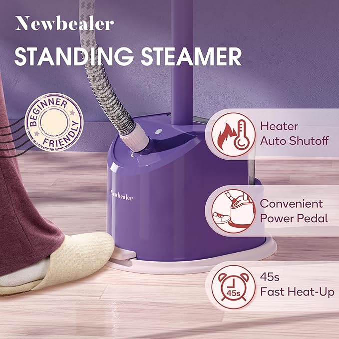Newbealer Standing Garment Steamer - 1500W Full-Size Vertical Clothes Steamer with Foot Pedal, 57.5oz (1.7L) Large Water Tank, 45s Fast Heat-Up, 50-Min Powerful Steaming, Auto-Off (Purple)