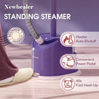 Newbealer Standing Garment Steamer - 1500W Full-Size Vertical Clothes Steamer with Foot Pedal, 57.5oz (1.7L) Large Water Tank, 45s Fast Heat-Up, 50-Min Powerful Steaming, Auto-Off (Purple)