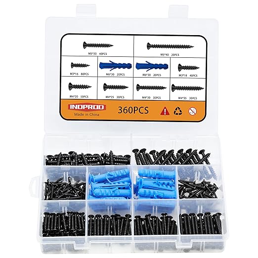 360 pcs M3 M4 M5 Wood Screws Assortment Kit with Blue Drywall Anchor Plug with Wings,High Hardness Carbon Steel Self-tapping Screws,Nylon Expansion Anchors,Phillips Drive Flat Countersunk Head