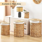 Round Water Hyacinth Laundry Hamper with Lid Handwoven Wicker Basket with Handles for Dirty Clothes, Storage, and Organization, No Assembly Required, 40L