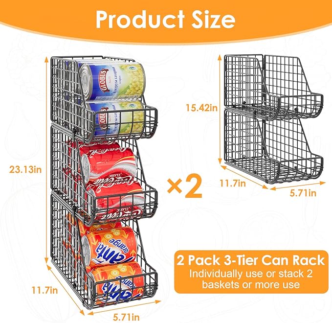 X-cosrack 6Pack Stackable Can Rack Organizer for Kitchen Pantry，Max Can Storage Holder,Durable Can Dispenser & Canned Goods Organizer for Various Ounces of Canned Food Soda Drinks, 2 Pack 3-Tier