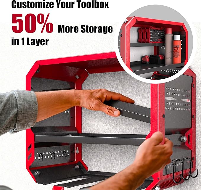 Power Tool Organizer Wall Mount with Charging Station, 3 Layer Heavy Duty Metal Tool Storage Rack Loads 420lbs with 4 Cordless Drill Holder, Battery Utility Rack Loads with 4 Power Strip