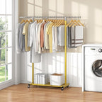 JIUYOTREE Rolling Clothes Rack with Dense Mesh Storage Shelf Clothing Garment Rack with Wheels Width Adjustable Clothing Organizer for Hanging Clothes Shirts Pants Skirts and Bags Gold