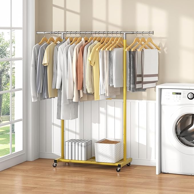 JIUYOTREE Rolling Clothes Rack with Dense Mesh Storage Shelf Clothing Garment Rack with Wheels Width Adjustable Clothing Organizer for Hanging Clothes Shirts Pants Skirts and Bags Gold