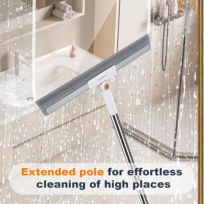 Rubber Squeegee Broom for Floor,Upgrade 62" Long Handle Window Squeegee, 2 Cleaning Cloths, Silicone Pet Hair Remover,Magic Broom Removes Water Spots, Stains, Grease, and Hair from Glass Surfaces.