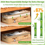 Livole 2 Pack Bamboo Under Bed Storage with Wheels, 6-10 inches Height Adjustable Underbed Storage Containers, 92L XXXL Large Rolling Under Bed Storage Bins for Clothes, Blankets, Sweater, Shoes