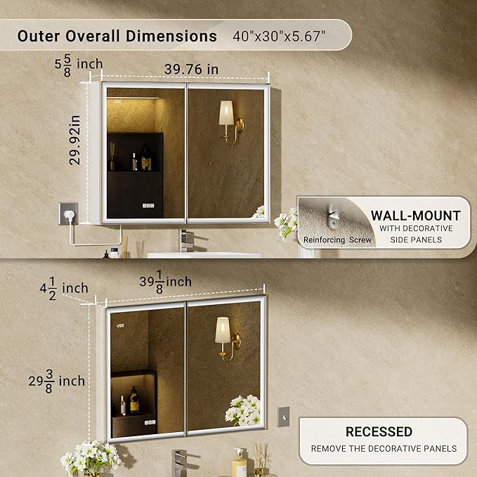 40x30 Lighted Medicine Cabinet with Mirror, Beveled Brushed Nickel Framed Surface or Recessed Fogless Dimmable LED Medicine Cabinet with Outlet, Time Display and Sensor Inner Light