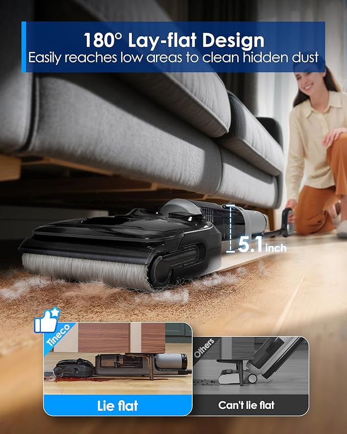 Tineco Floor ONE i5 Stretch Wet Dry Vacuum Cleaner, Vacuum & Mop in One Step, 20kpa Powerful Suction, 180° Lay-Flat Design, Anti-Tangle Design, Dual-Sided Edge Cleaning, Up to 30* Minutes Runtime