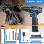 Cordless Drill Set, 12V Power Drill with 2.0Ah Battery and 2-Speed, 30Nm Torque, 25+1 Clutch Settings, 3/8" Keyless Chuck, Blue Electric Drills for Home DIY, Wood, Metal, Plastic Drilling