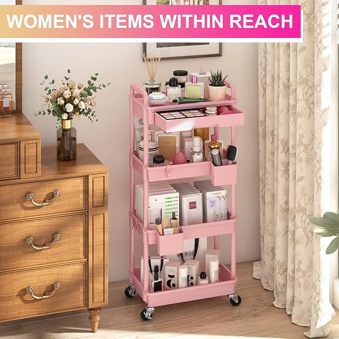 Goovilla 4 Tier Rolling Utility Cart Organizer with Removable Drawer, Stable and Sturdy Pink Rolling Storage Carts with 2 Lockable Wheels for Bathroom, Kitchen, Snack, Craft, Makeup, Baby Essentials