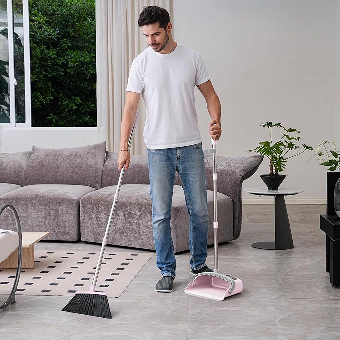Broom and Dustpan Set, 54” Long Adjustable Handle Broom with Dustpan Combo Set Heavy Duty with Dust Pan Teeth to Clean Hair for Home Lobby Office (Medium Pink)
