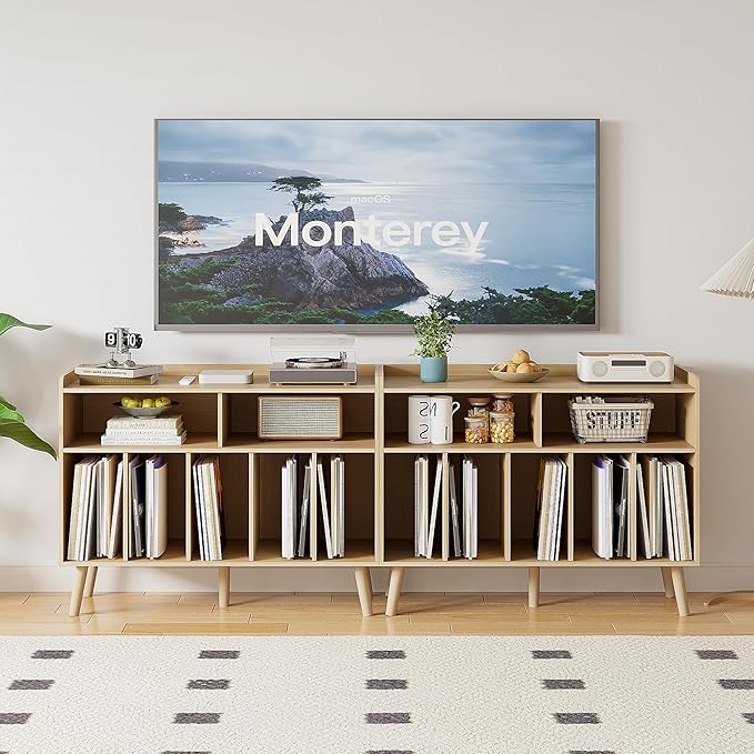 ChooChoo Record Player Stand, Turntable Stand with Vinyl Storage, Record Player Cabinet Up to 350 Albums, Cube Storage Organizer for Living Room, Natural