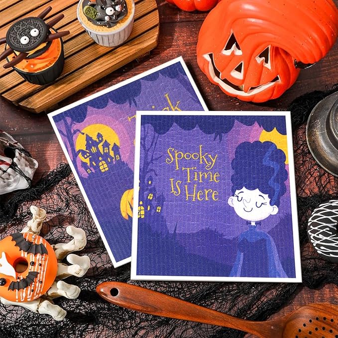 6 Pack Swedish Dishcloths for Kitchen |Watercolor Dish Towels | Reusable Paper Towels Washable | Non-Scratch Cellulose Sponge Cloths | No Odor, Biodegradable, Swedish Cloths, Halloween