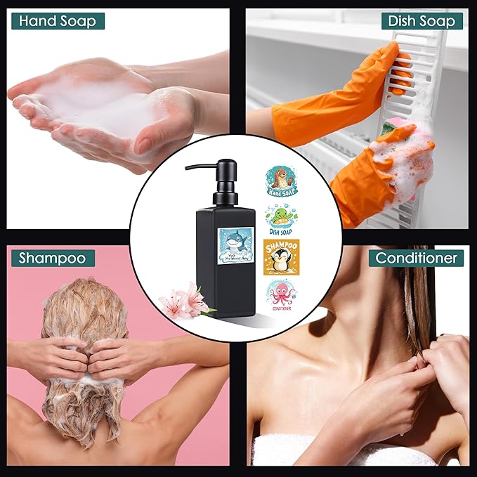 Soap Dispenser Bathroom, JINLIFA 12oz Black Glass Refillable Liquid Hand Dish Soap Dispenser (5 Labels)