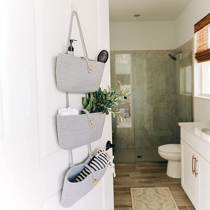 OrganiHaus 3-Tier Hanging Organizer, Gray Cotton Rope Baskets for Wall or Door – Boho Nursery & Home Storage