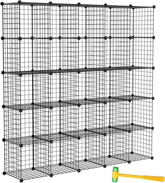 TUMUCUTE Wire Cube Storage Organizer, 25-Cube Modular Mental Grids Bookshelf, DIY Stackable Closet Cabinet for Bedroom Living Room, Office, Iron