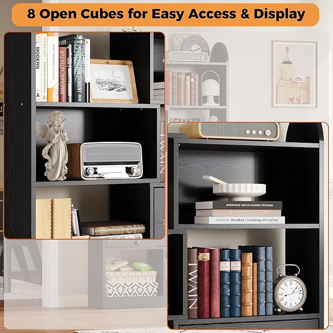 IRONCK 6 Tier Bookshelf and Bookcase with 2 Rattan Design Flip-top Storage Cabinets, 8 Cube Bookcases Display Storage Shelves Organizer for Living Room, 35.4" Black