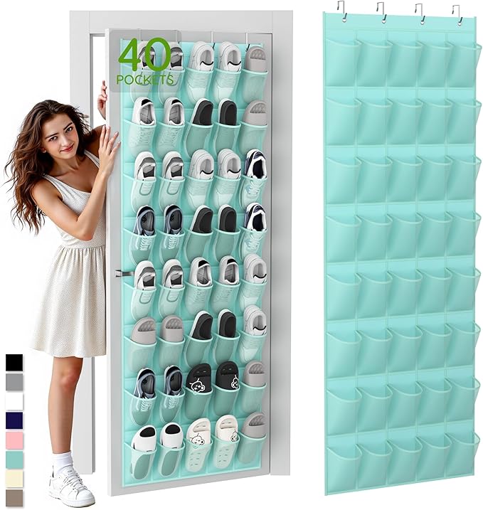 Unjumbly Over the Door Shoe Organizer with 40 Large Breathable Mesh Pockets, Space Saving Shoe Holder, Hanging Shoe Rack for Entryway Bedroom Closet Storage (Mint Blue, 40 Pockets)