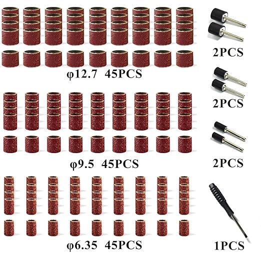 Asieg Tool Sanding Drum Kit 142Pcs 120Grit, 1/2" & 3/8" & 1/4" Diameter Drum Sanding Band with 3.17mm Shank Mandrels for Drill Dremel Rotary Tools Nails Drill